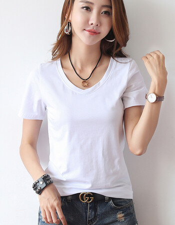 夏装棉白色短袖v领女t恤简约宽松显瘦体恤衫韩版上衣半袖小衫 白色 xl