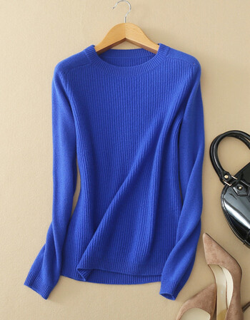 圆领套头针织衫毛衣纯山羊绒上衣坑条扭绳竖柳条打底 彩蓝色 l