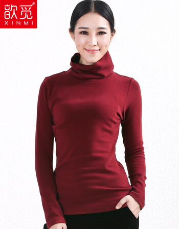 
                                        歆觅T恤女韩版修身显瘦高领纯色棉打底衫大码女装翻领长袖上衣女保暖舒适 酒红 XXL                