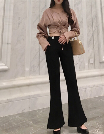 港味复古性感v领个性绑带长袖短款衬衣 高腰显瘦两粒扣装饰喇叭裤