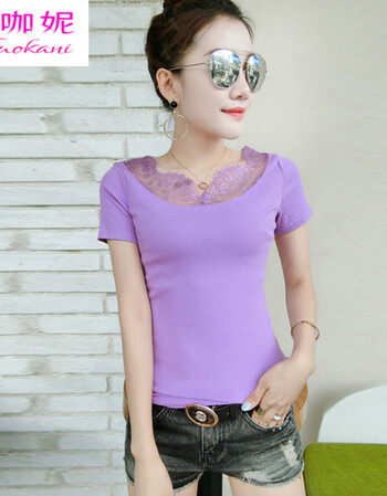 欧洲站2018夏季新款棉条纹t恤女短袖修身女士体恤蕾丝半袖上衣 紫色 m