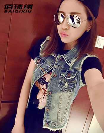 佰琦绣2015新款欧美风做旧牛仔马夹毛边短款牛仔马甲 女 蓝色 XL