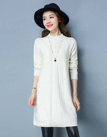 秋冬圆领一步裙纯色毛衣加厚修身显瘦中长款包臀针织打底连衣裙 白色