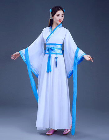 汉服女古装曲裾中国风公主仙女舞蹈服广袖戏曲出服襦裙 天蓝色 l(160
