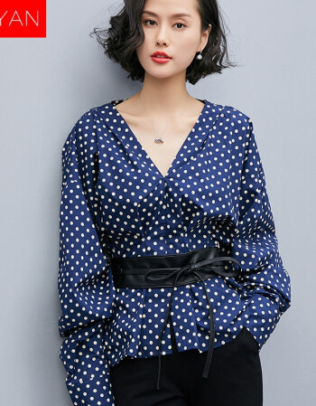 beiyan 2018女装波点纯棉长袖v领衬衣皮质系带显瘦圆点修身上衣 蓝色