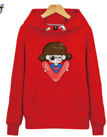 秋装新款卡通可爱加绒带帽套头学院风甜美学生卫衣外套女闺蜜装 v女孩