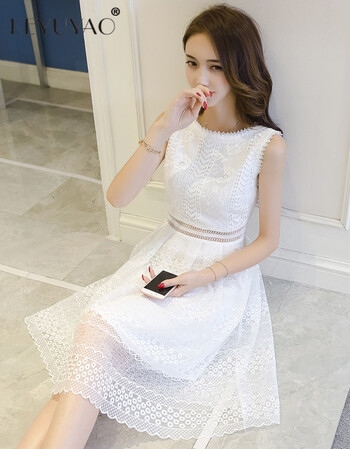 keyuyao原创女装蕾丝连衣裙女夏装2018新款韩版收腰白色无袖背心裙