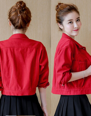 高腰红色牛仔外套女2018春装新款韩版学生宽松bf长袖上衣短款夹克