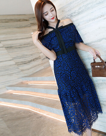 2018夏季新款吊带一字领雪纺蕾丝连衣裙长裙海边度假沙滩裙女 深蓝色