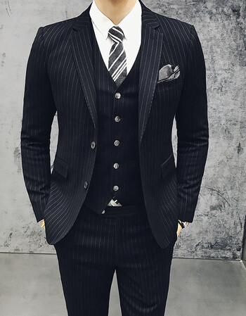 韩国英伦修身排扣西服男条纹套装休闲男士西装套装三件套 黑色 m