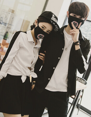 丹杰仕 情侣装春装韩版修身黑白拼接衬衫男女同款翻领衬衣学生青年潮