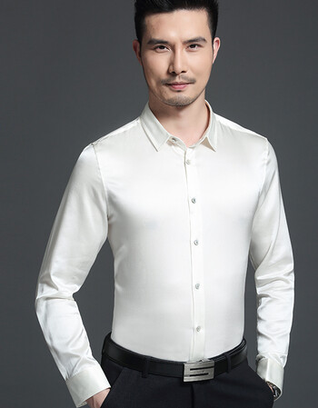 桑蚕丝衬衫男长袖 2018春弹力丝绸男衬衫长袖 中年 薄款 桑蚕丝 白色
