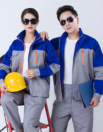 工作服套装长袖春秋季工装制服汽修劳保服厂服定制 艳蓝色配深灰色