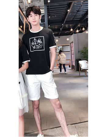 2018新款韩版网纱小清新女裙两件套装男短袖t恤潮 黑色t恤 白色短裤 l