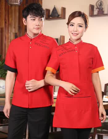 员短袖夏季工装火锅店前厅服务员男女服装 红色女款-短袖(欢迎光临) l