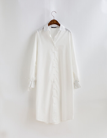 白色长衬衫韩版宽袖新款系带荷叶边长款绑带纽扣宽松衬衫裙女 白色