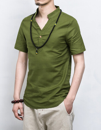 北极绒 中国风棉麻短袖衬衫男士衬衣亚麻男装休闲 军绿色 3xl