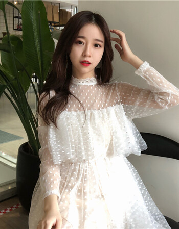 佐缤尼新款女装春装钩花立领波点透视网纱裙连衣裙 白色 均码