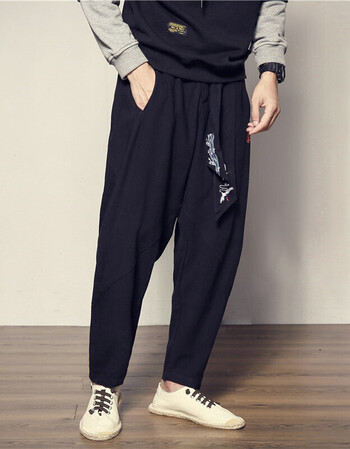 春季刺绣民族风飘带裤中国风加肥加大码古装亚麻裤男款宽松灯笼裤