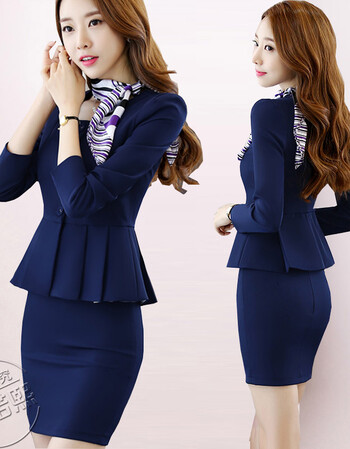 美容师工作服春秋时尚套装ol职业装修身长袖酒店连衣裙套裙女 蓝色