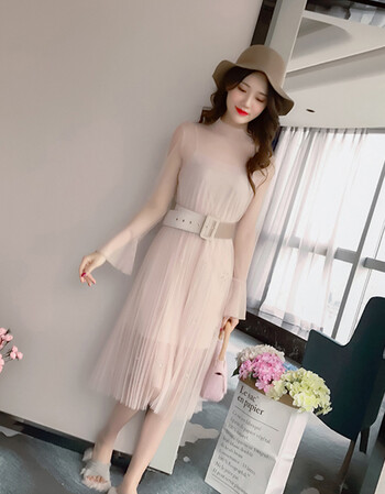 蕾丝连衣裙长袖网纱中长款超仙纱裙2018春装新款仙女裙子飘逸甜美 浅