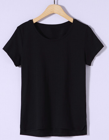 2018夏装短袖t恤女时尚修身韩版不规则纯色上衣精梳棉打底衫 黑色 l