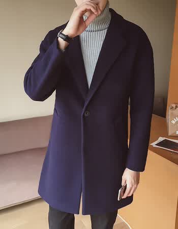 冬季男士呢大衣男装韩版中长款风衣男呢料加厚外套潮男 藏青色 m