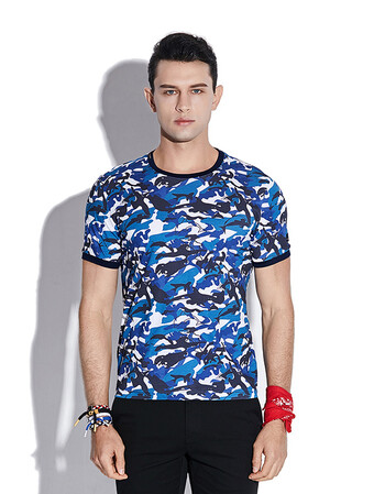 alessandro ga男装夏双丝光纯棉短袖印花迷彩圆领t恤男 彩蓝色 xl