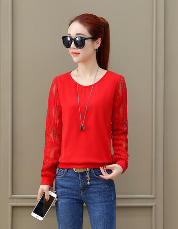 春季新款2018宽松休闲圆领长袖t恤女装大码打底衫百搭上衣体恤潮 红色