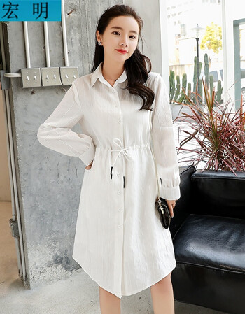 条纹衬衫连衣裙女装中长款2018春季新款韩版收腰长袖学生衬衣裙子