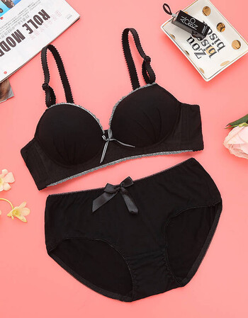 无钢圈文胸内衣女学生高中少女聚拢性感小胸棉质胸罩 黑色套装 36