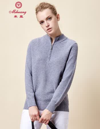 米皇mihuang 半高领拉链100%纯羊绒女衫女式毛衣保暖羊绒衫 浅花灰