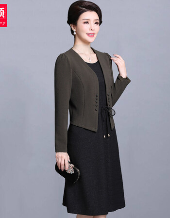 中年女春装连衣裙套装30-40-50岁2018新款时尚外套妈妈春秋两件套 墨