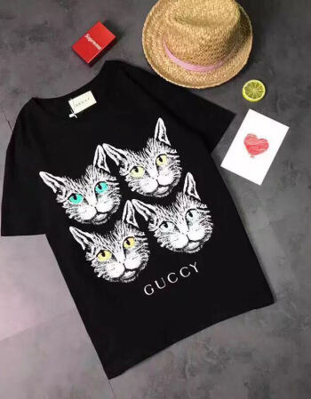 夏男士絲光棉短袖貓頭t恤純色圓領半袖青年體恤加肥加大z0gucci0ysn