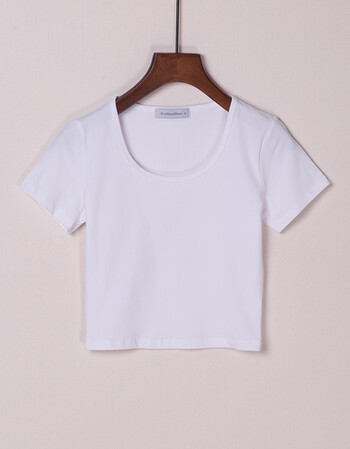 露脐上衣纯色紧身短袖t恤女夏短款高腰显瘦性感漏肚脐装显胸 白色u领