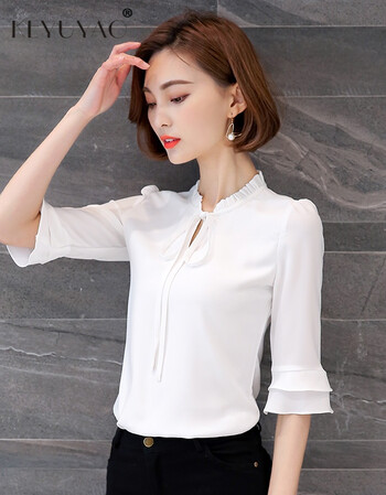 雪纺衫女2018新款五分中袖衬衫夏季衬衣宽松七分喇叭袖半袖上衣 白色