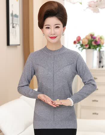中老年女装秋季新款圆领长袖上衣中年妈妈装秋装修身显瘦针织衫 灰色