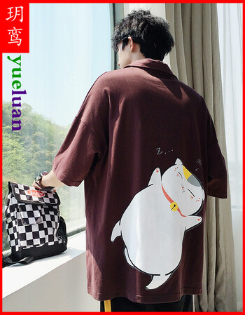 玥鸾短袖t恤男士2018新款港风可爱懒猫宽松体恤夏天男装五分袖打底衫