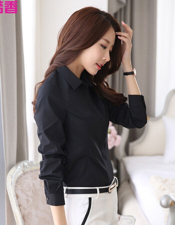 职业装黑衬衫女长袖黑色衬衣棉韩版修身女士工作服上衣装 黑色 34/s