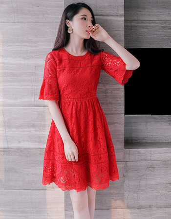 【专柜正品】蕾丝裙子女夏2018新款20-25岁 仙气夏季红色连衣裙森女系