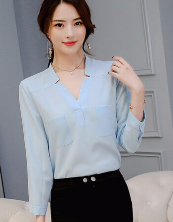 中袖衬衫百搭低领七分袖气质女款夏天韩版鸡心领衬衣v领上衣女生 浅