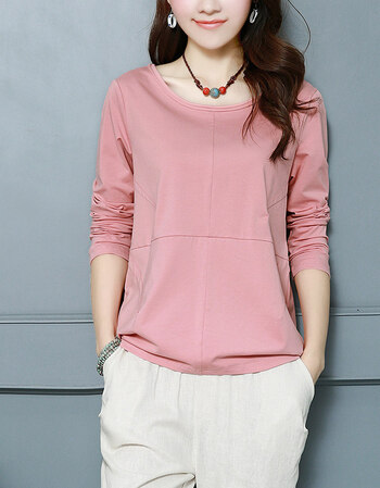 宽松长袖t恤女2018春秋季圆领小衫女中年韩版上衣服打底衫女 粉色 m