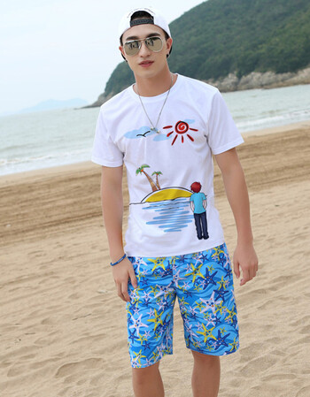 沙滩裤男海边度假套装宽松速干潮流大码加肥泰国海南三亚旅游衣服