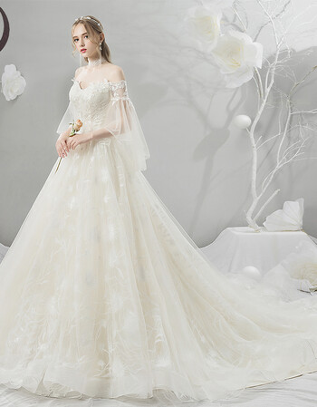 婚纱2018新款显瘦一字肩拖尾旅拍简约大码新娘结婚礼服 浅香槟喇叭袖