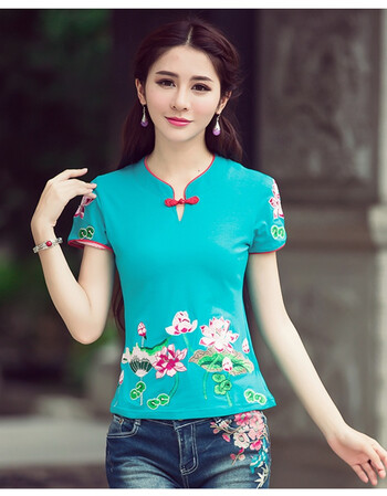 风立领盘扣打底衫 绣花短袖棉t恤女大码广场舞文艺女装上衣女 青色