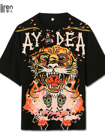 素衣黎人 老虎头男生落肩宽松短袖t恤踏肩欧美潮牌五分袖蝙蝠衫衣服大