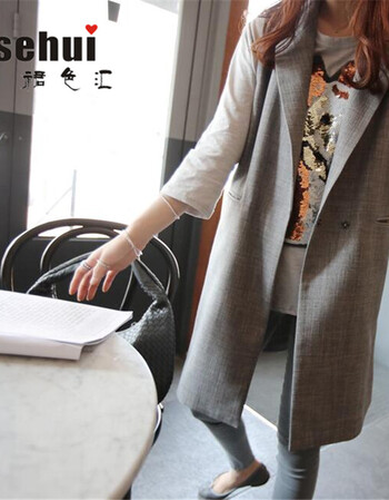 春装新款韩版无袖中长款西装领马甲宽松休闲显瘦马夹小外套女 灰色 L