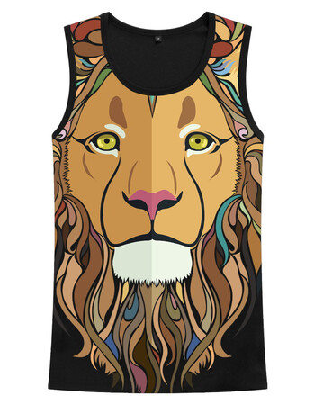 泰国狮子狼大象老虎头动物3d印花图案网眼背心大码男无袖t恤衣服 黑色