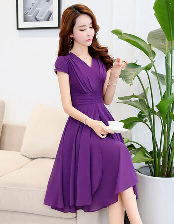 时尚夏装雪纺连衣裙中长款2018夏天新款修身显瘦气质不规则a字裙 紫色