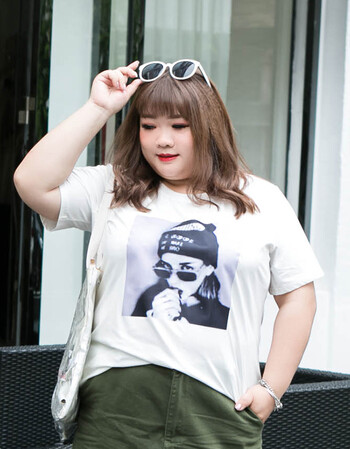 愿梦龙创大萝莉大码女装胖mm夏装上衣2018胖妹短袖印花t恤减龄 眼镜